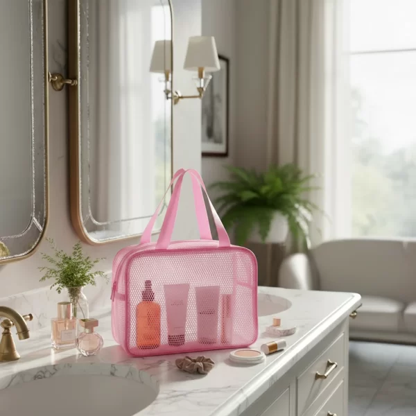 ⁦مجموعة حقائب تنظيم شبكية 3 قطع لون وردي⁩ - الصورة ⁦2⁩