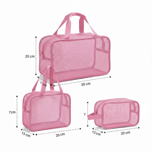 ⁦مجموعة حقائب تنظيم شبكية 3 قطع لون وردي⁩ - الصورة ⁦3⁩